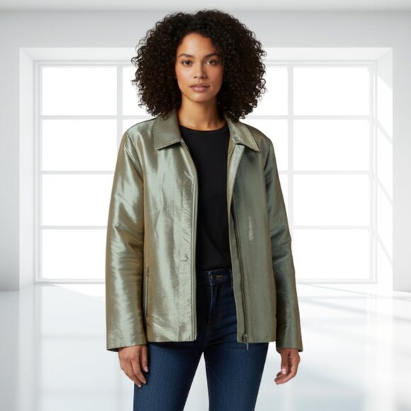 Chico's XL (3) Shimmer Metallic Puffer Jacket Olive Gold Light Zip Up Outerwear - Picture 1 of 11